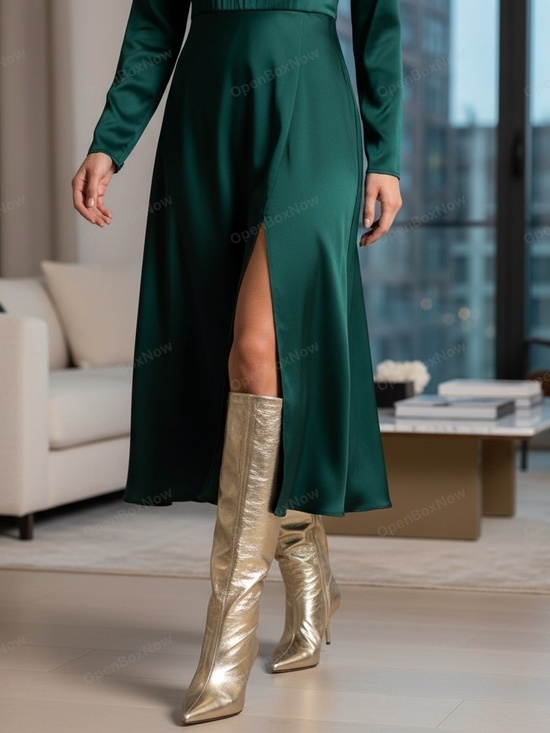 Arezzo Shoes - Arezzo Women's Gold Skye Low Stiletto Leather Calf Boots NEW